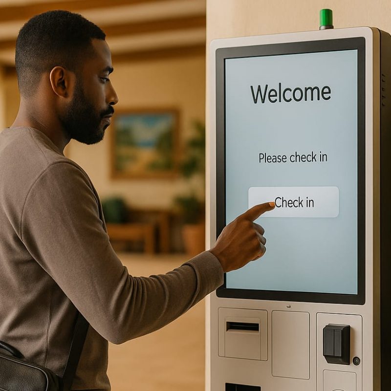 Borne interactive pour accueil numérique en hôtel avec check-in automatique