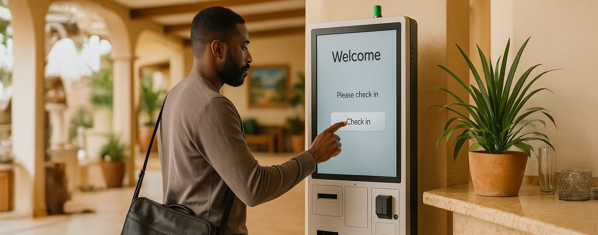 Borne interactive pour accueil numérique en hôtel avec check-in automatique