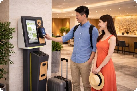 Paar nutzt einen Modular Gästemanagement Kiosk zur Gästeanmeldung in der Hotellobby