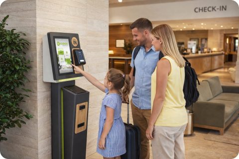 Familie führt die Gästeregistrierung im Hotel an einem Modular Gästemanagement Kiosk durch