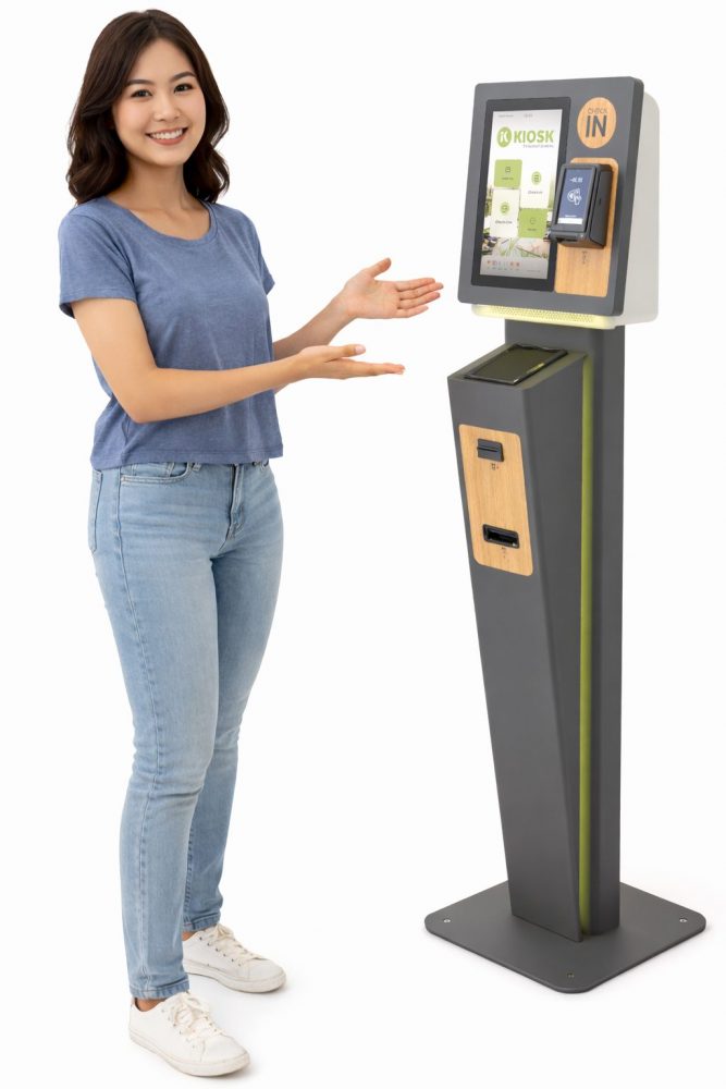 Femme utilisant un kiosque d’accueil des clients Modular à la réception d’un hôtel